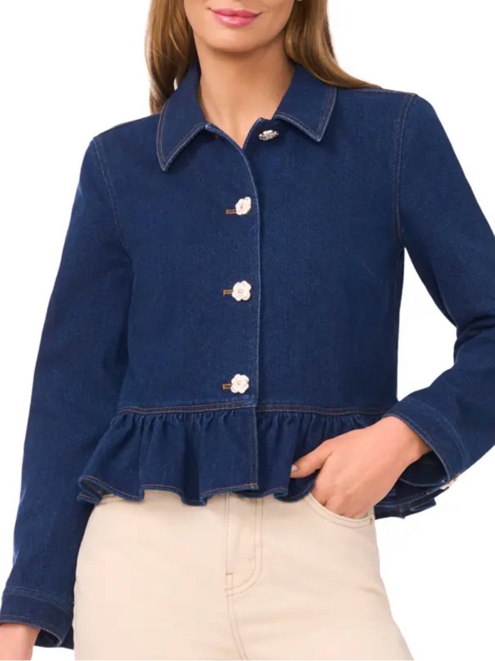 CeCe Dark Blue Denim Peplum Jacket with Floral Buttons
